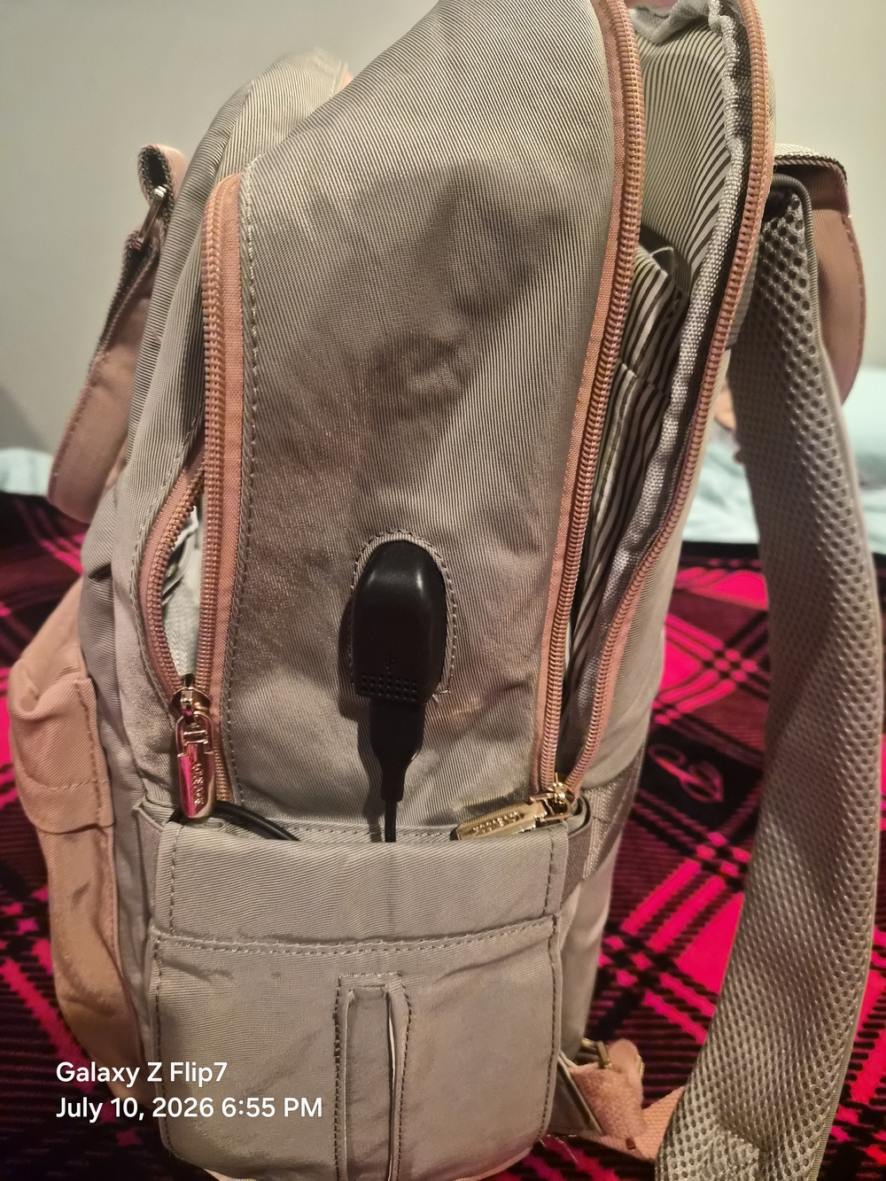 Women's Botique Two-Tone Gray and Blush Backpack With Charging Cables - Picture 5 of 5